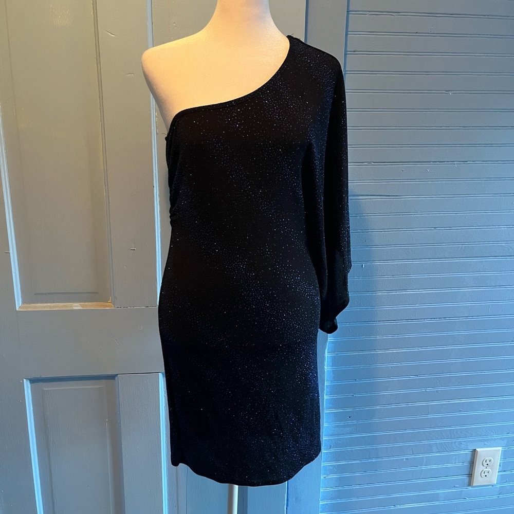 One shoulder mini dress black with shiny blue accents